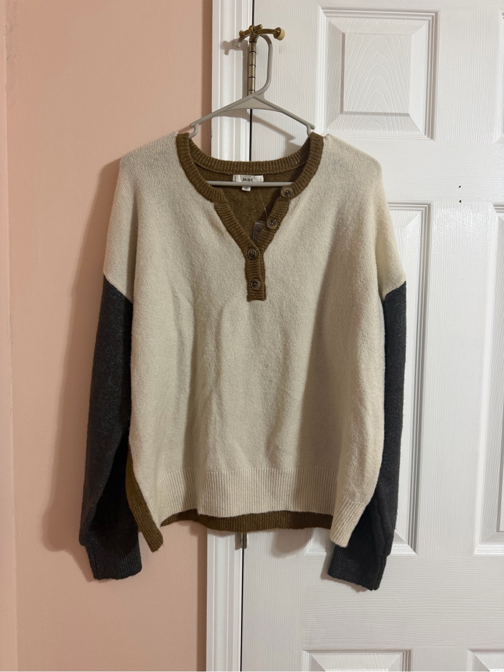 BeMine - Cream Colorblock Henley Sweater with Olive Trim